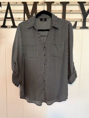 Iz Byer Black and White Striped Button Down Top